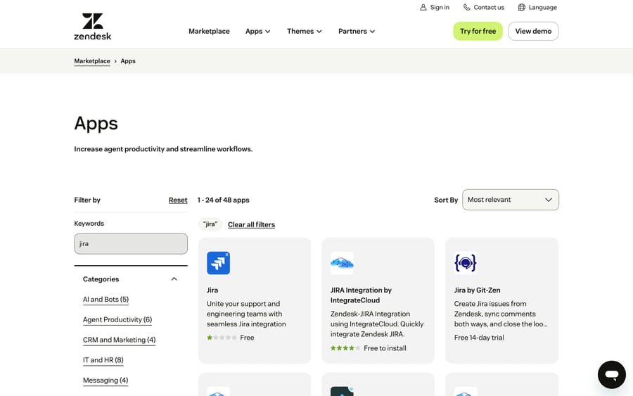 Finding a Jira integration for Zendesk in the Zendesk Marketplace — where you browse and install apps and integrations.