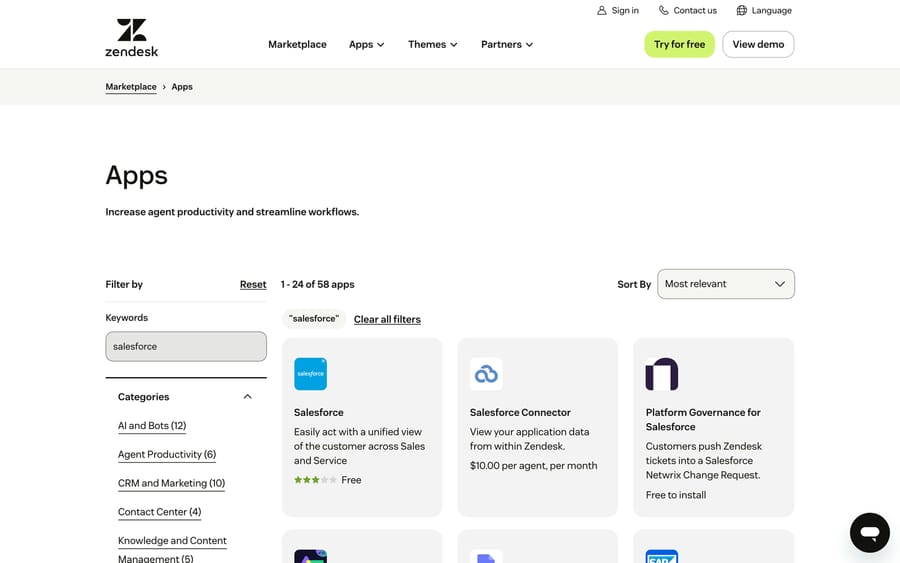 Searching the Zendesk Marketplace for a Salesforce integration to connect Zendesk with your CRM.