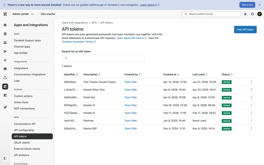 Zendesk Admin Center → Apps and integrations → APIs → API tokens, where the credentials behind 401/429 errors are created and managed.
