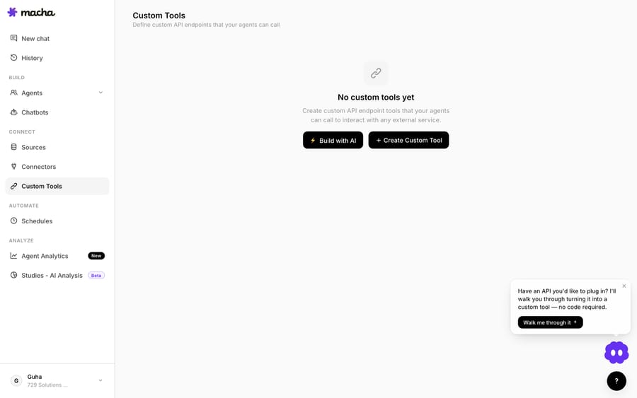 Custom Tools in Macha — wire up your own API endpoints so agents can take real actions across your stack.