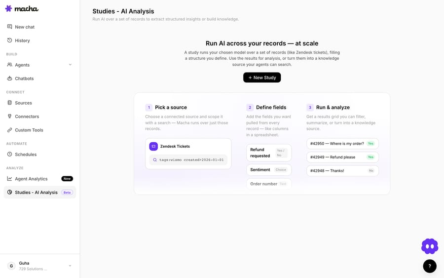 Macha Studies — run an AI model across your tickets to extract structured insights or turn them into a knowledge source.