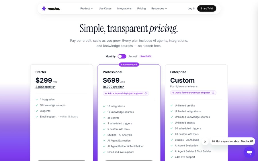 Macha pricing is per credit (per AI action) — every plan includes AI agents, integrations, and knowledge sources.