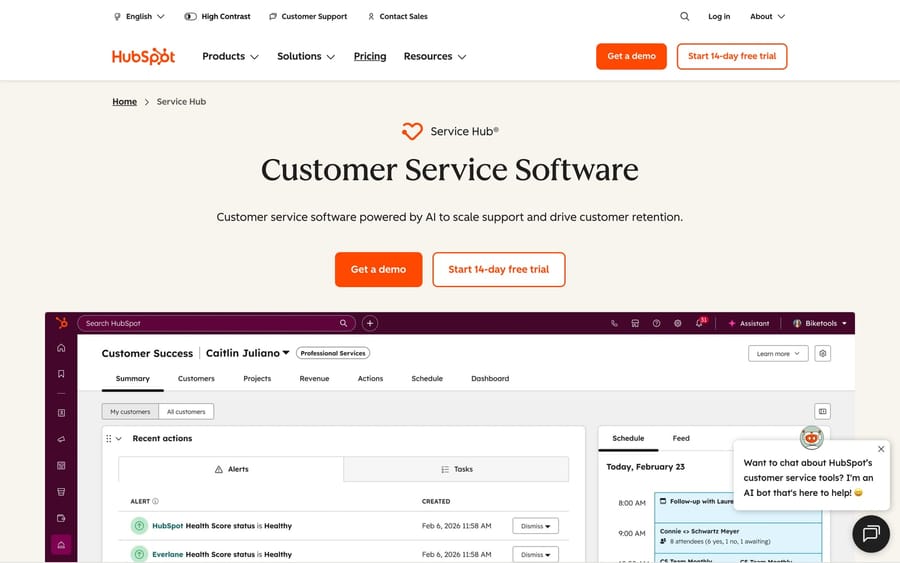 The HubSpot Service Hub website.