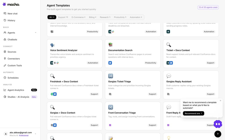 Macha's Agent Templates gallery — pre-built agents including Gorgias-specific templates, filterable by Support, E-Commerce, Billing and more.