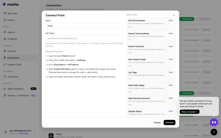 The Connect Front screen in Macha, showing the API-token setup and the 15 tools the connector adds — Get Conversation, Search Conversations, Search Contacts, Get Custom Fields, List Tags, Add Public Reply, Add Internal Comment, Update Status and more.