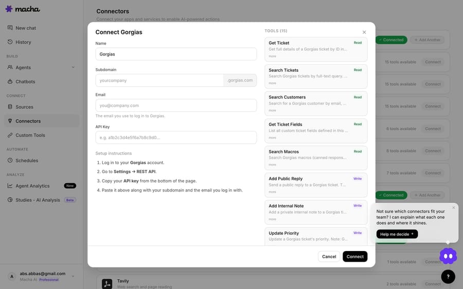 The Connect Gorgias screen in Macha, showing the 15 tools the connector adds — Get Ticket, Search Tickets, Search Customers, Get Ticket Fields, Search Macros, Add Public Reply, Add Internal Note, Update Priority and more — alongside the API-key setup fields.
