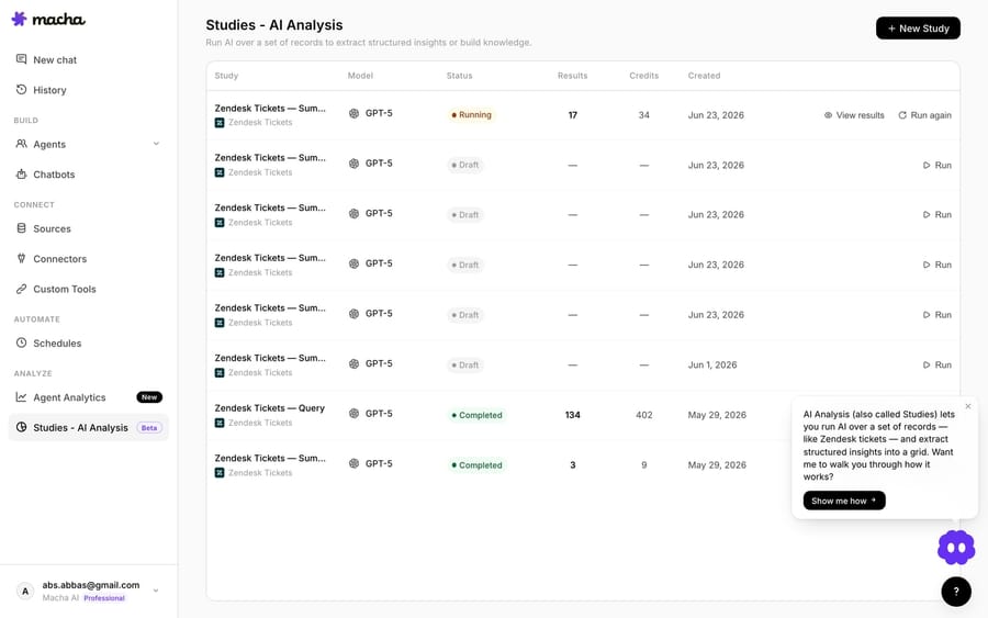 The Studies start screen in Macha — pick a source, define the fields you want, run and analyze.