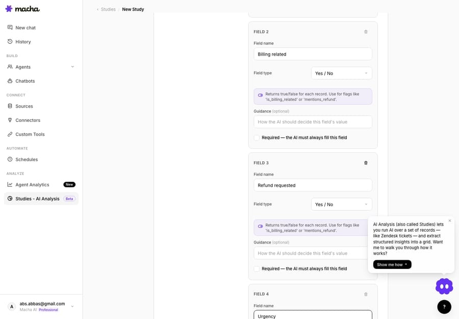 The Extract step — defining typed schema columns the AI will fill for every ticket, with a model selector showing the per-record credit cost.