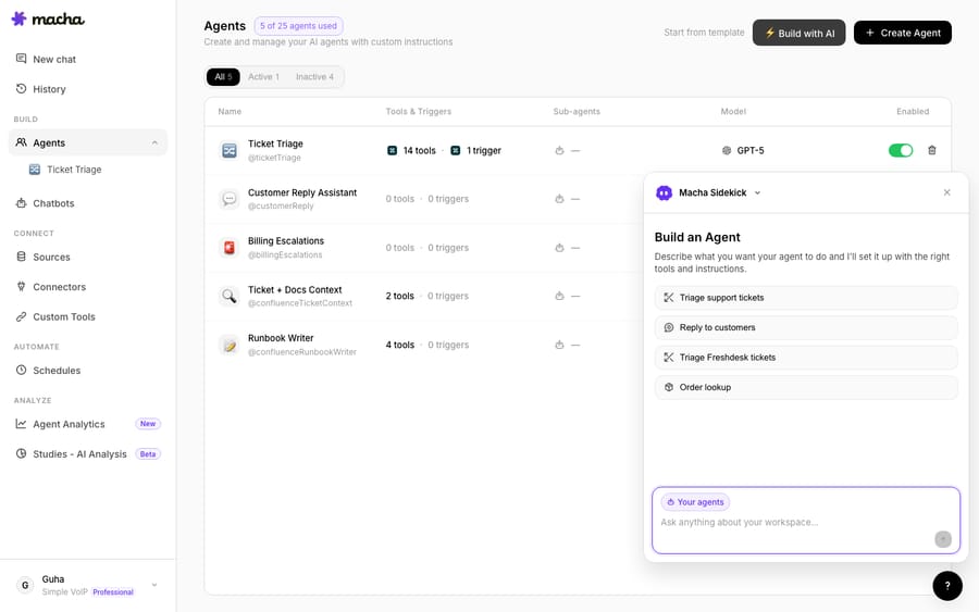 The Macha AI Agent Builder — a conversational canvas where you describe the agent you want, with context-aware suggestion pills for your connected integrations.