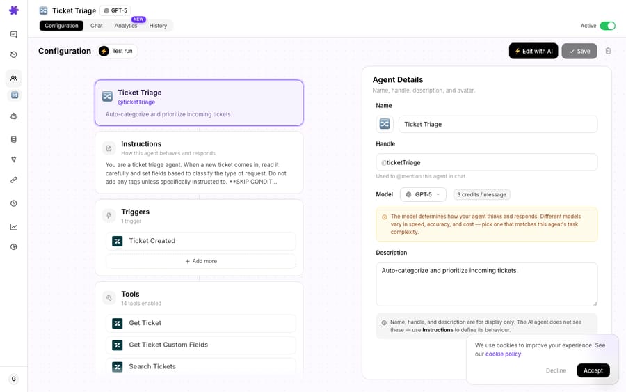A real, fully-configured lead agent — the Ticket Triage agent's configuration page, showing its instructions (