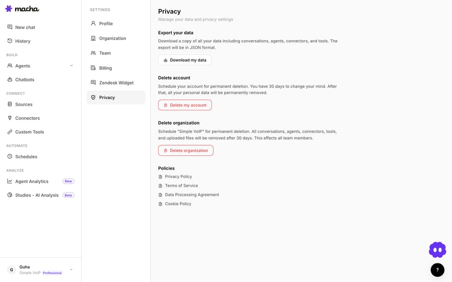 Macha privacy settings — download your data, delete your account, delete your organization.