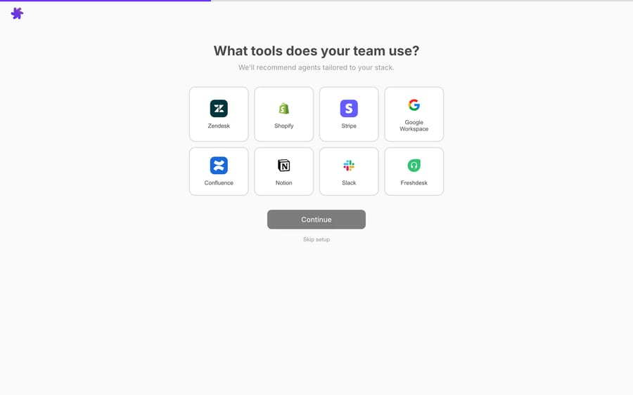 Macha's onboarding tool-picker — choose the apps your team uses and it tailors agents to your stack.