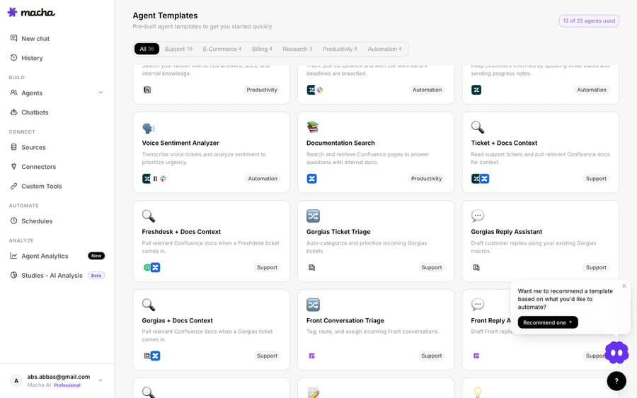 Built-in agent templates in Macha — start from a triage-and-route agent and adapt it to your Front inbox.