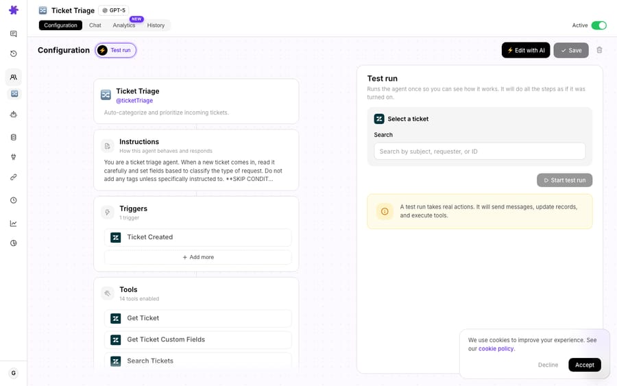 Macha's test run — point an agent at a real ticket and run it once to verify behavior before going live (note: a test run takes real actions).