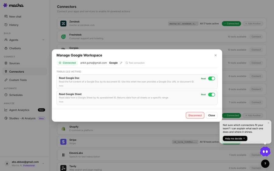 Managing a connected account. The modal shows the exact account this instance is bound to (here a Google Workspace login), an editable name (the pencil), a one-click **Test connection**, and that instance's own tools. Every account you add — including a second of the same type — gets its own card just like this.