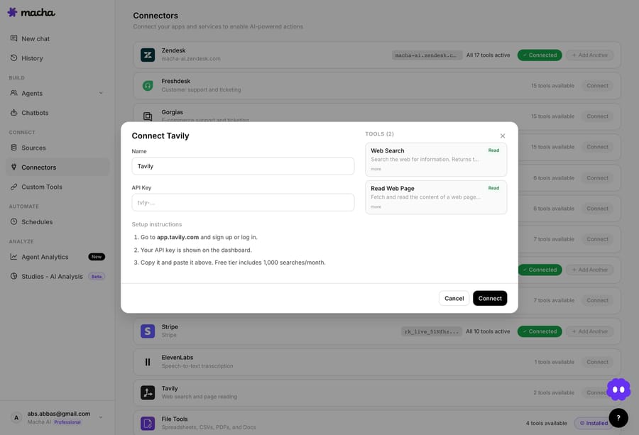The Connect Tavily card in Macha — paste your Tavily API key, and the connector exposes exactly two tools: Web Search and Read Web Page. The setup note points you to app.tavily.com, where the free tier includes 1,000 searches a month.