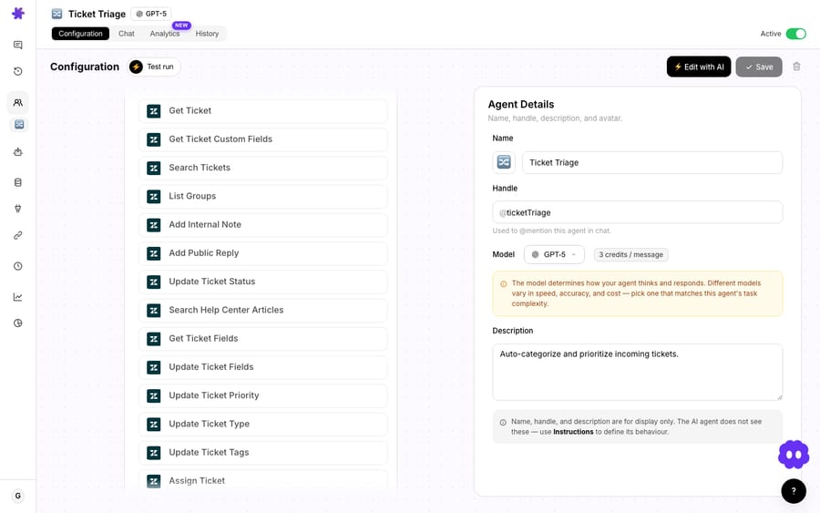 An agent's configuration in Macha — its attached tools appear in the left column. This is where connector actions like Tavily's Web Search get added alongside the agent's helpdesk tools.