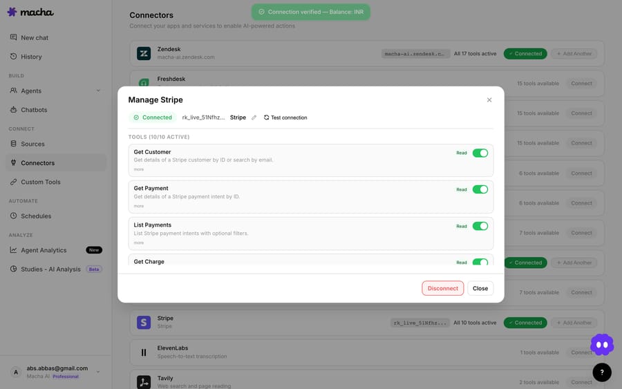 Test connection on the Stripe connector returns a green 'Connection verified' — Macha hits the live API and confirms the credentials still work.