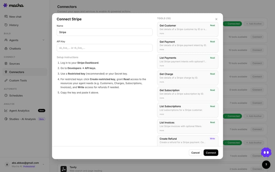 The Stripe API-key reconnect form — paste a new key and Macha validates it against the live API before the Connect button will save it.