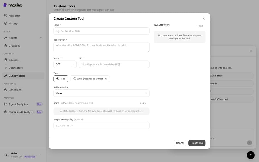 Macha's Create Custom Tool modal showing the Type toggle: Read, or Write (requires confirmation), set next to the HTTP method.