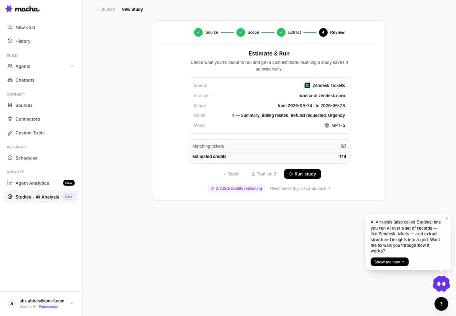 Macha's Studies estimate-and-confirm gate — the exact record count, credits per record, and total cost shown before you commit, with a confirm step that has to be cleared before a single credit is spent.