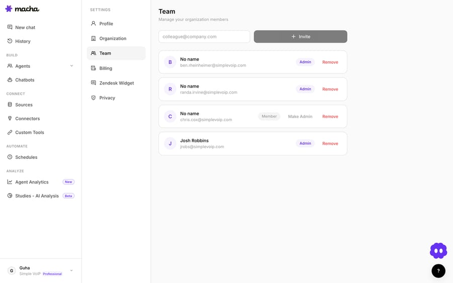 Macha team settings — invite by email, assign a role, manage existing members.