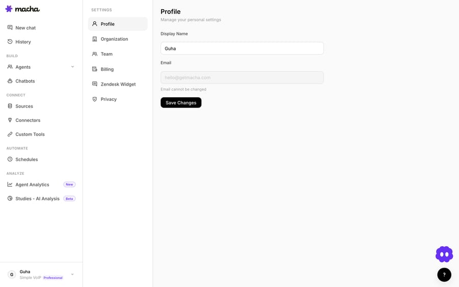 Macha profile settings — editable display name and a read-only login email.