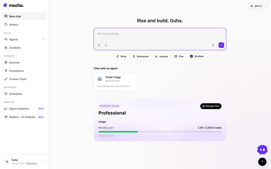 Macha's sidebar footer shows the current user and organization with its plan badge; this control is the org switcher.