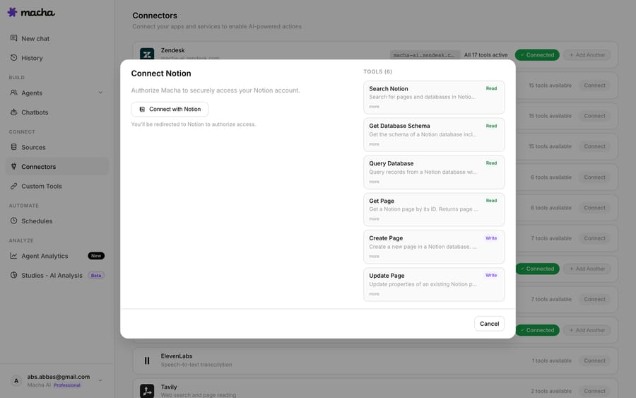 Macha's Connect Notion screen listing tools with explicit Read and Write tags — Search, Get Page, Query Database are Read; Create Page and Update Page are Write.