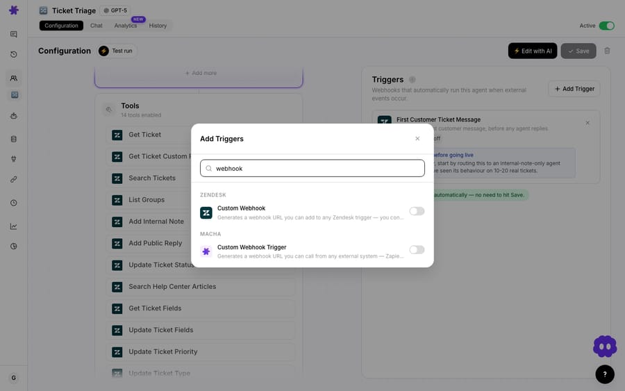 Macha's Add Triggers panel filtered to 
