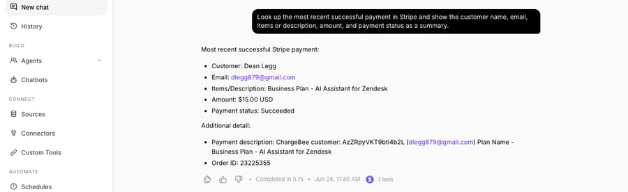 Macha pulls the most recent Stripe payment and summarizes the customer, items, amount, and status — the commerce lookup it runs automatically on a reopen.