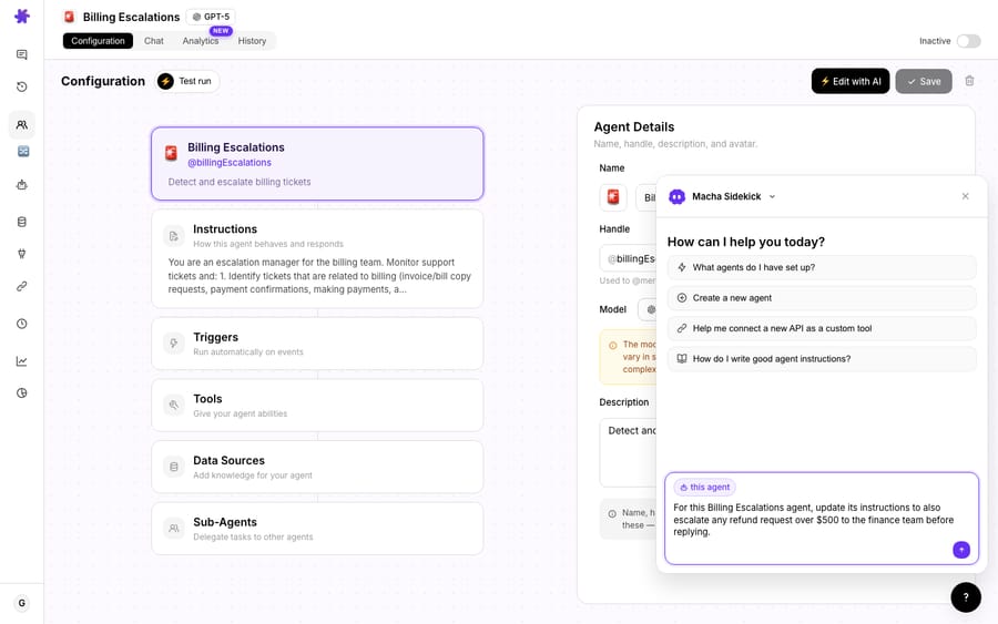 Building the agent with natural language — describe the behavior you want and Macha's Sidekick drafts the agent's instructions and tools.