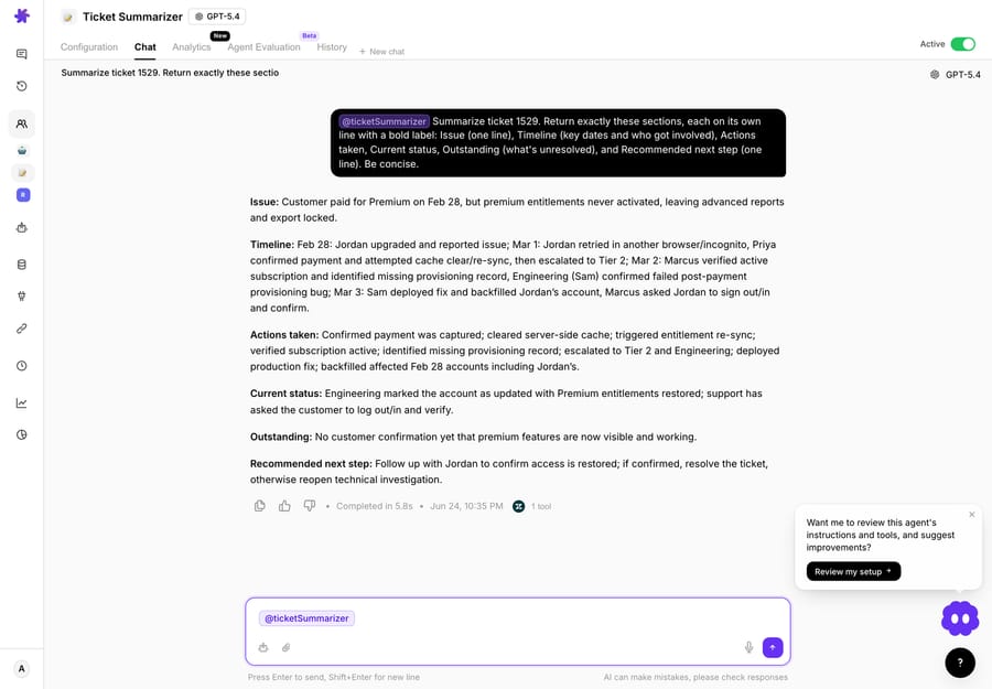 The Ticket Summarizer returns a structured brief — Issue, Timeline, Actions taken, Current status, Outstanding, and Recommended next step — for ticket #1529 in 5.8 seconds from a single Get Ticket call.