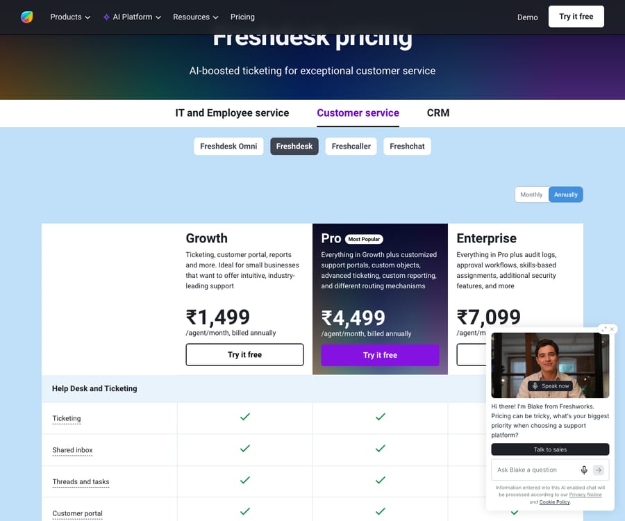 Freshdesk's plan pricing (Growth/Pro/Enterprise, per agent/month) — Freddy AI Agent sessions are billed separately as an add-on (verify current numbers on the Freshworks pricing page).