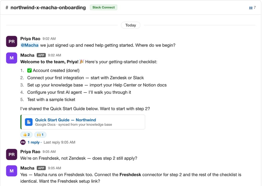 A live Macha agent replying inside a Slack thread after an @mention — it reads the question, answers in-thread, and adapts when the person corrects a detail (