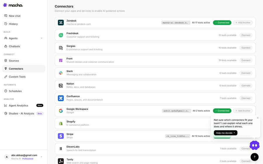 The connectors list in Macha — Freshdesk joins Zendesk, Gorgias, Front and the rest of your stack.