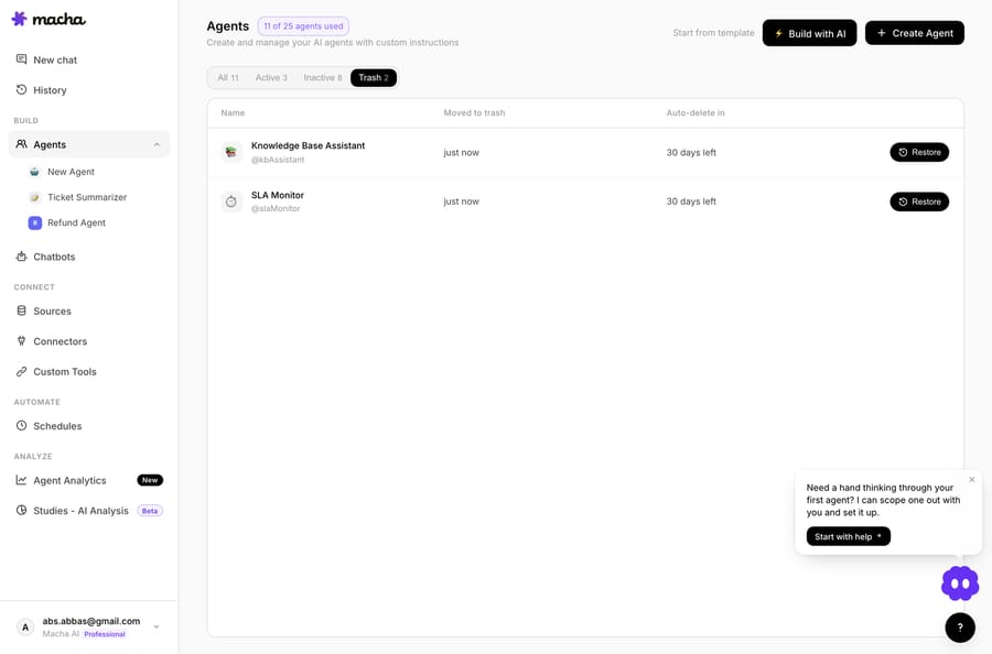 The Agents page Trash tab in Macha — soft-deleted agents with days remaining and a one-click restore.