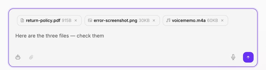 Image attachments arrive as chips on the conversation — the agent reads them inline, then proceeds with its normal tools.