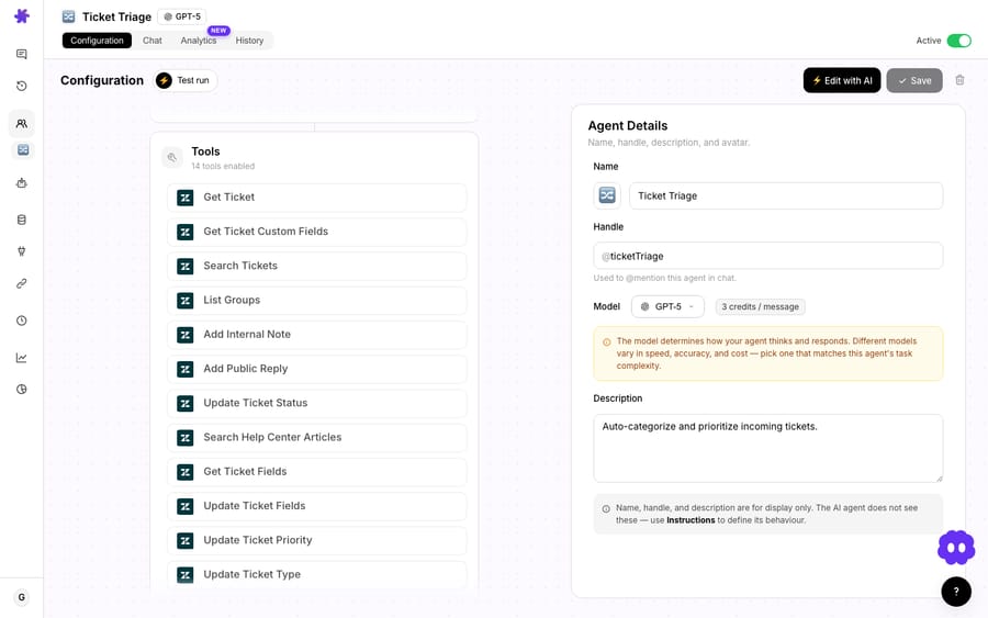 The Macha Ticket Triage agent's configuration — its enabled Zendesk tools (List Groups, Update Ticket Type, Update Ticket Status) are what let it route and label tickets.