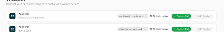 The Macha connectors page showing two separate Zendesk instances connected side by side — macha-ai.zendesk.com and d3v-macha — each marked Connected with all tools active.