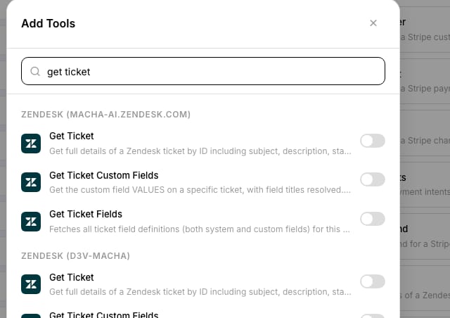 Macha's Add Tools picker for an agent, filtered to 