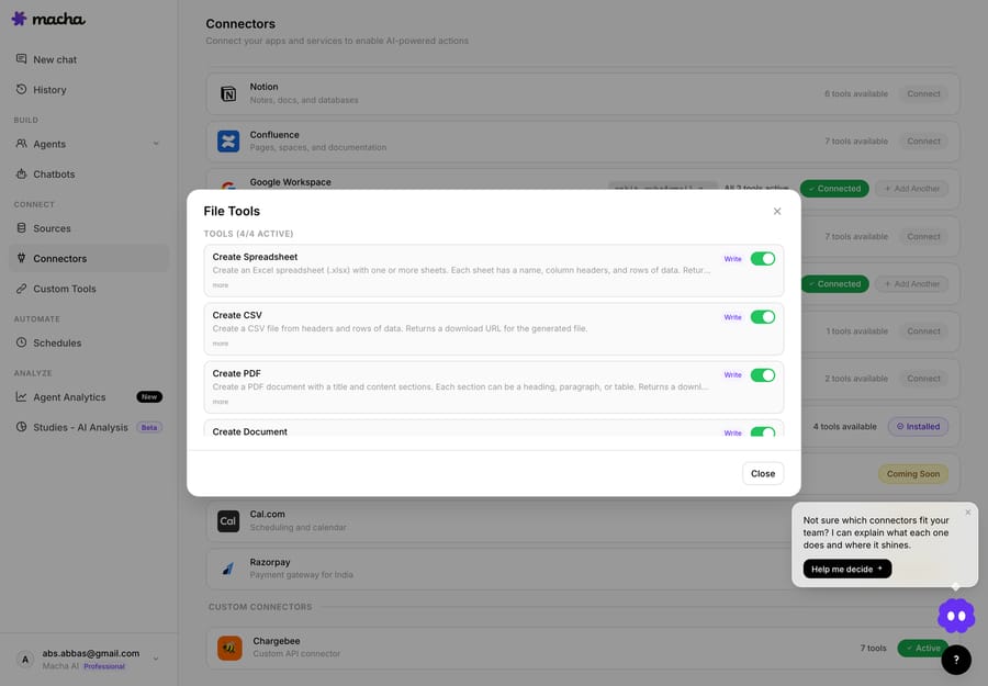Macha's File Tools connector — all four built-in actions (Create Spreadsheet, Create CSV, Create PDF, Create Document) active out of the box, no auth required.