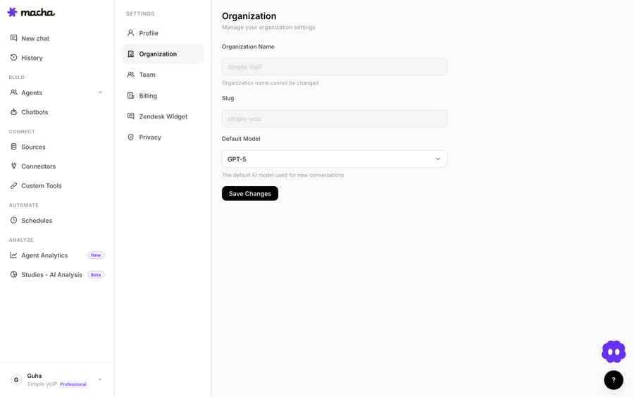 Organization settings in Macha — name, slug, and default model for the org.