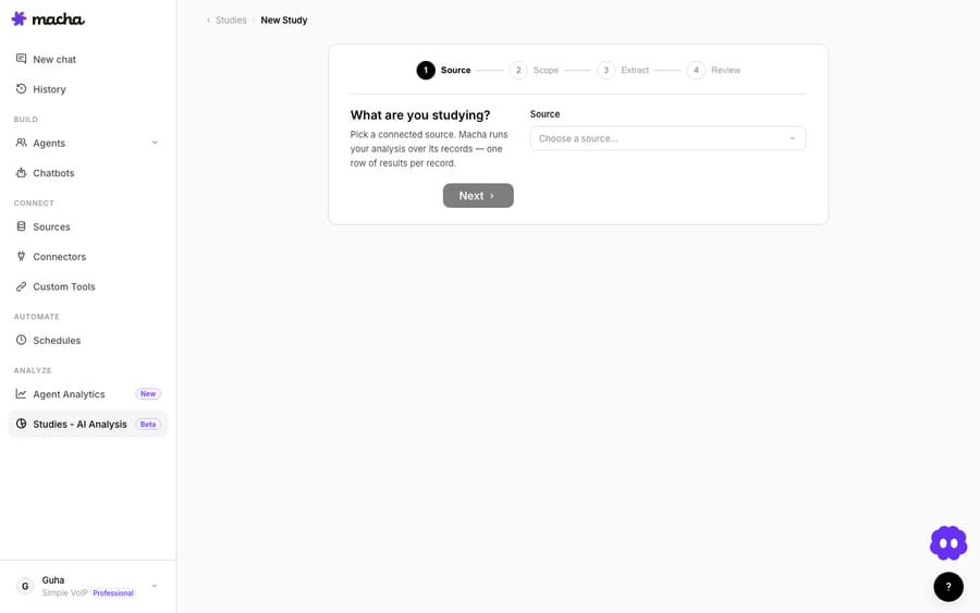 The Studies start screen in Macha — name a study, pick a source, and head into the builder.