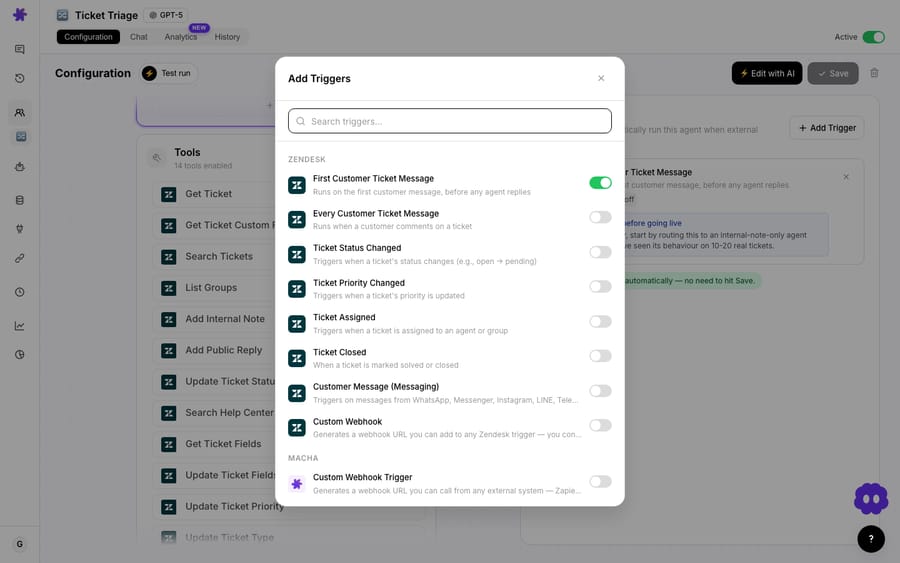 Choosing a trigger for an agent in Macha — helpdesk events (new message, status/priority change, assignment, closure) and custom webhooks.