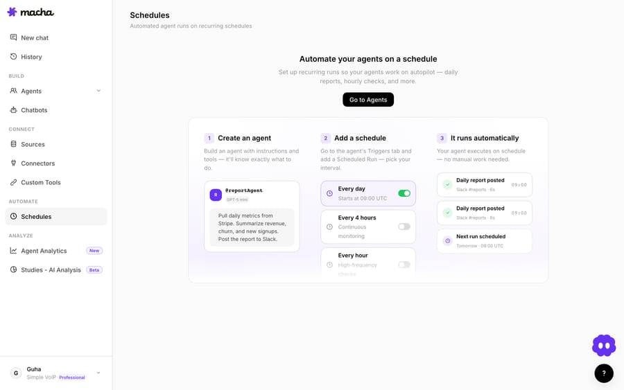 Scheduled triggers in Macha — recurring autonomous runs for digests, reports, and syncs, each on its own cadence.