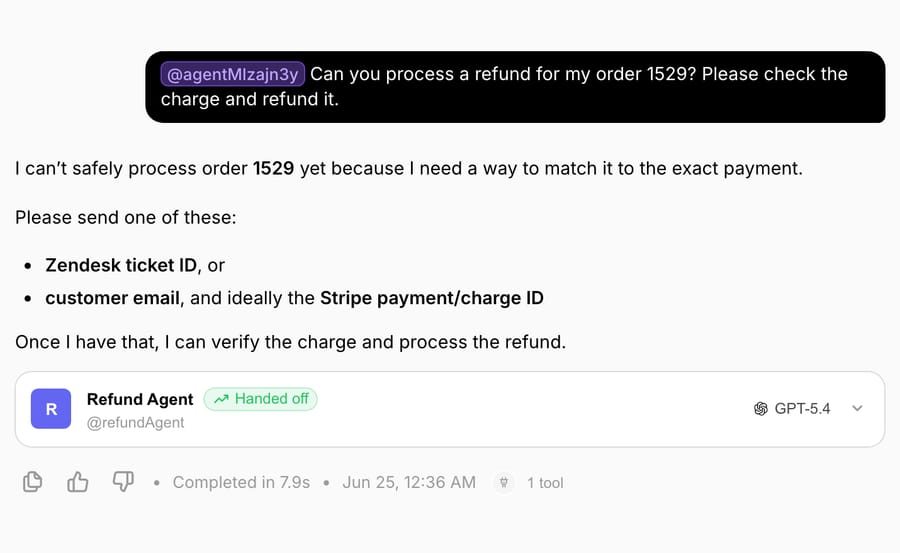 Chat showing a Refund Agent sub-agent card with a green 