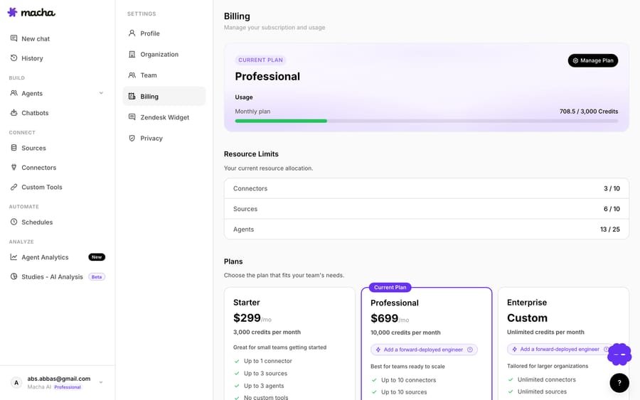 Macha's plan tiers on the Billing page — Starter at 