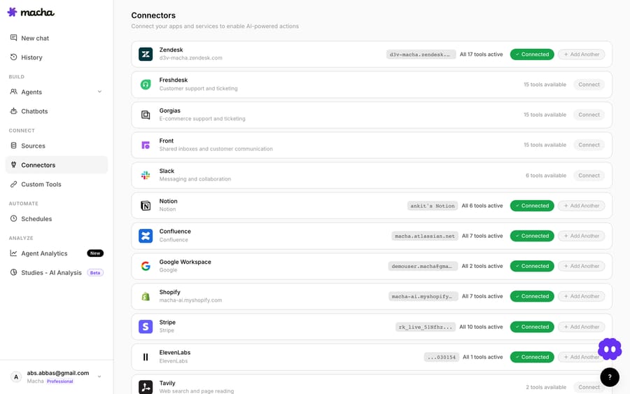 Macha's Connectors page — Zendesk (d3v-macha) and Stripe both connected, with Stripe's full set of 10 tools active (including the money-moving Create Refund). Macha is the agent layer on top of the systems you already use.