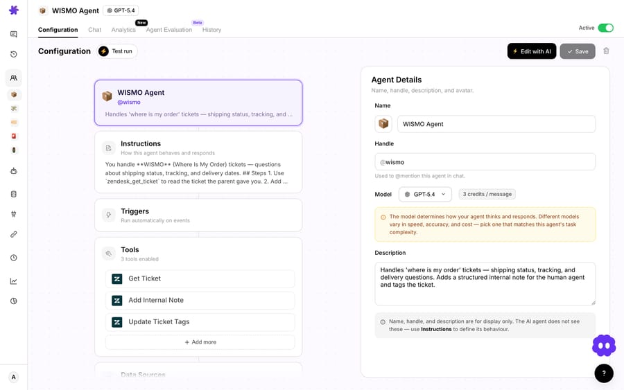 A real order-status agent in Macha — the WISMO Agent (@wismo), GPT-5.4, with a tight single-purpose instruction set (